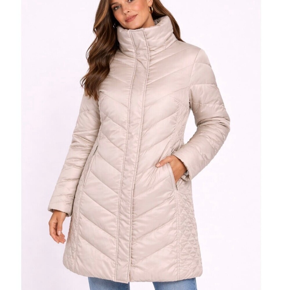 Kenneth Cole Quilted Down Puffer Coat, MSRP $245 Chevron Puffer Coat Long SZ M
